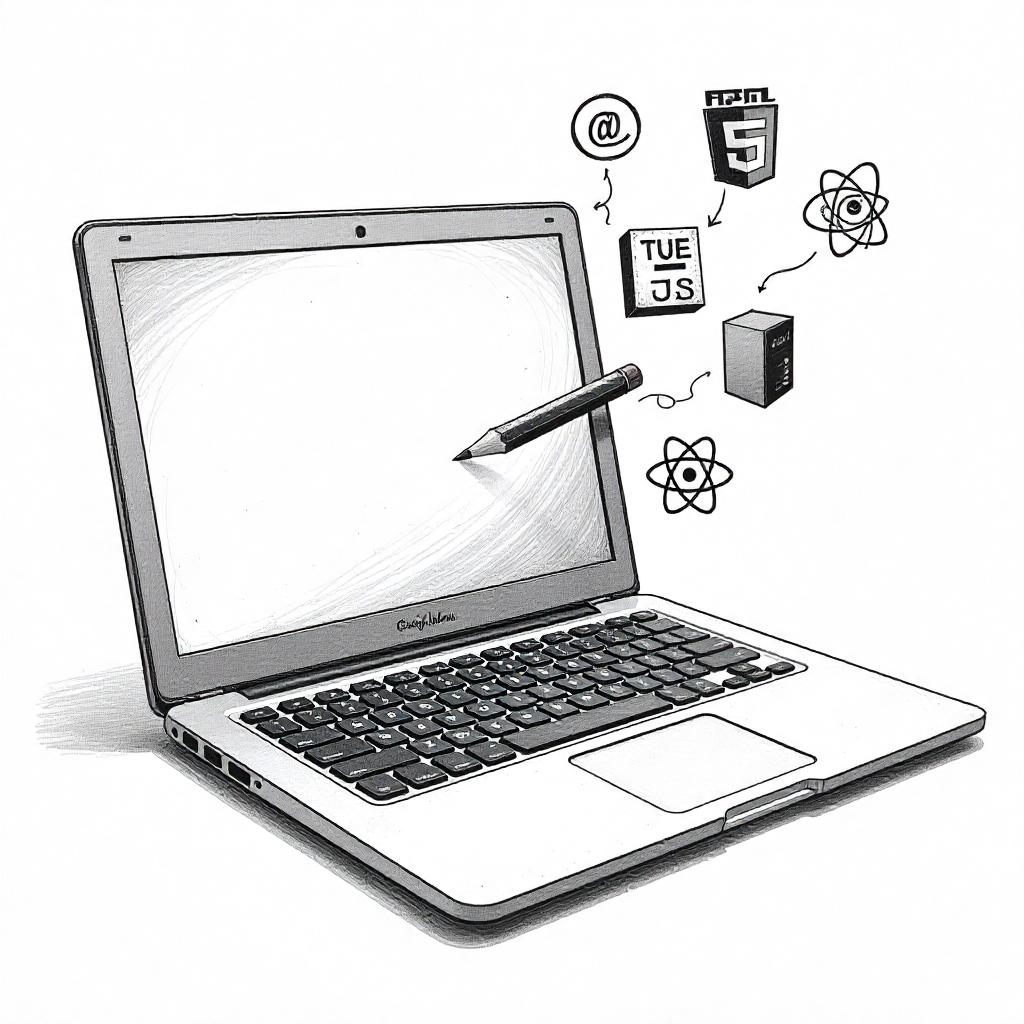 Laptop - tvorba webové stránky, ručně kreslené